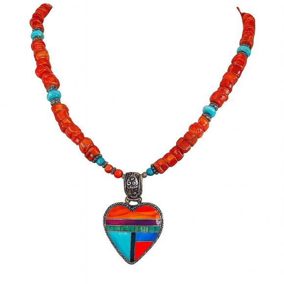 Native American 925 Turquoise Inlay Heart Pendant Necklace - Picture 10 of 10